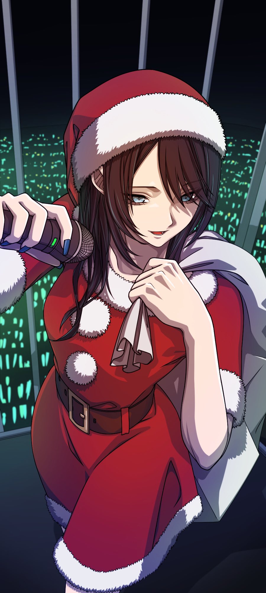 1girl, ado_(utaite), ado_box, belt, belt_buckle, black_hair, blue_eyes, blue_nails