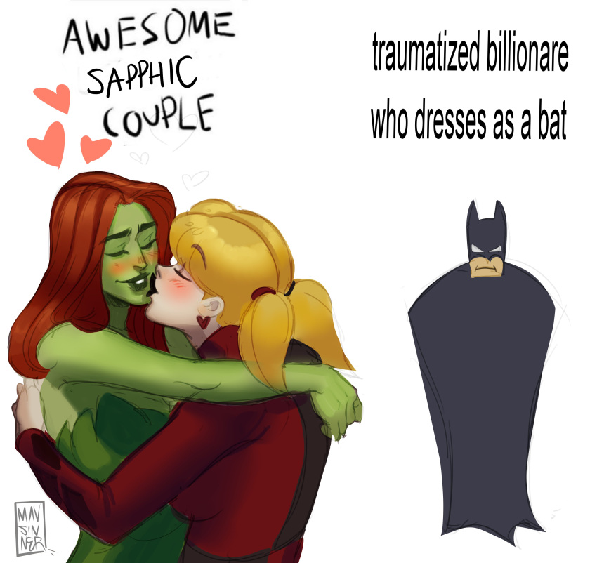 1boy, 2girls, absurdres, batman, batman_(series), black_bodysuit, black_lips, blonde_hair, blush, bodysuit, colored_skin, dc_comics, earrings, english_text, from_side, frown, green_skin, harley_quinn, heart, heart_earrings, highres, jewelry, long_hair, looking_at_viewer, mausinner, meme, multiple_girls, pale_skin, poison_ivy, red_bodysuit, redhead, twintails, yuri