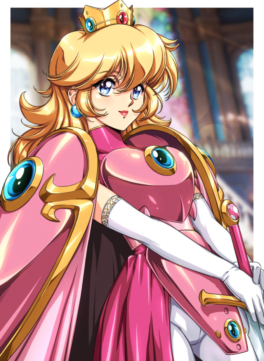 1girl, armor, blonde_hair, blue_eyes, breasts, crown, earrings, elbow_gloves
