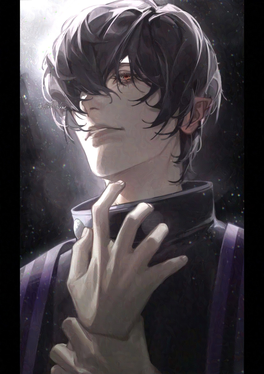 1boy, akr_noze, beelzebub_(shuumatsu_no_valkyrie), black_hair, hair_over_one_eye, highres, light_rays, lips