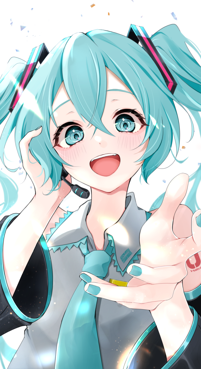 1girl, aqua_eyes, aqua_hair, aqua_necktie, blush, hatsune_miku, headset, highres