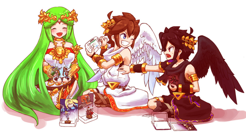 1girl, 2boys, ahoge, amiibo, angel, angel_wings, aonori106, black_hair