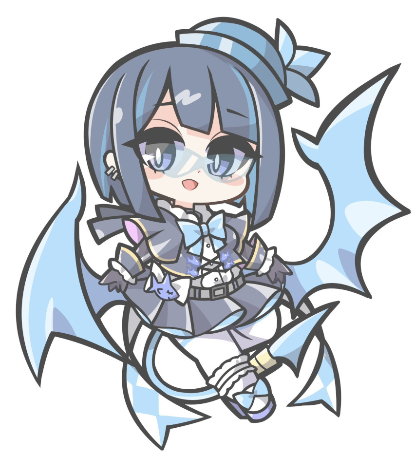 1girl, black_gloves, black_hair, black_skirt, blue_hair, bow, bowtie, capelet