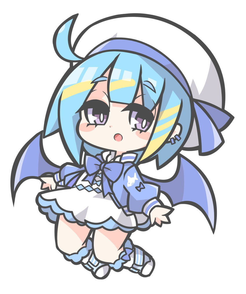 1girl, ahoge, blue_hair, chibi, demon_wings, dress, duel_monster, ear_piercing