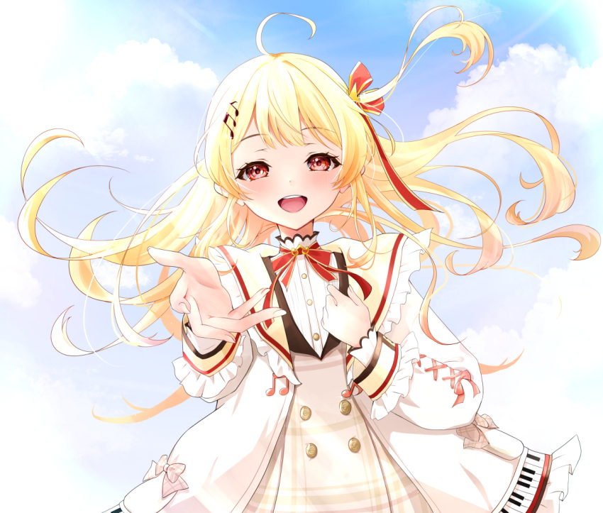 1girl, ahoge, blonde_hair, blush, cup_size, dress, hair_ornament, hair_ribbon, hololive, jacket, kakapo_green, long_hair, looking_at_viewer, multiple_girls, musical_note, musical_note_hair_ornament, open_mouth, otonose_kanade, piano_keys, piano_print, red_eyes, red_ribbon, ribbon, shirt, smile, solo, virtual_youtuber, white_background