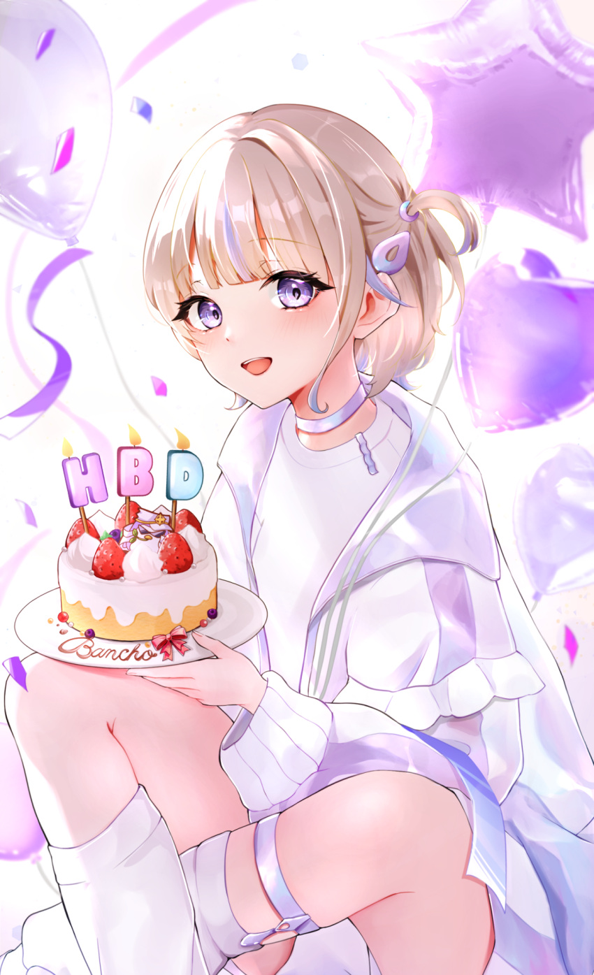 1girl, birthday, blonde_hair, blush, cake, choker, food, happy_birthday