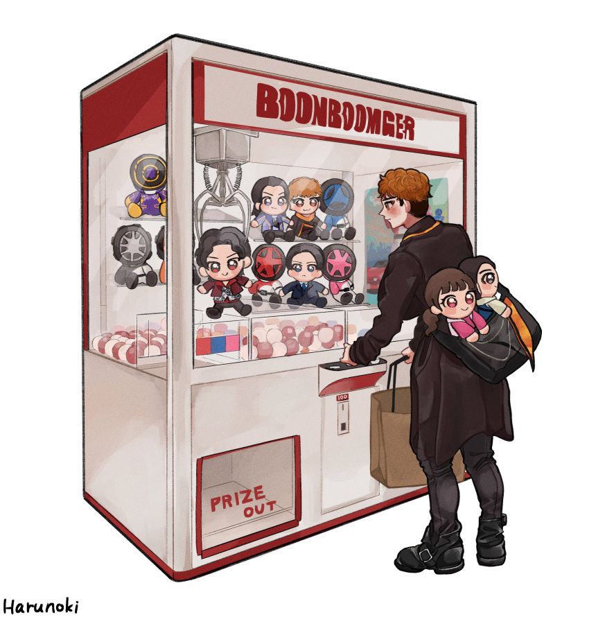 absurdres, akuse_jou, bag, bakuage_sentai_boonboomger, bun_black, bun_blue, bun_pink, bun_red