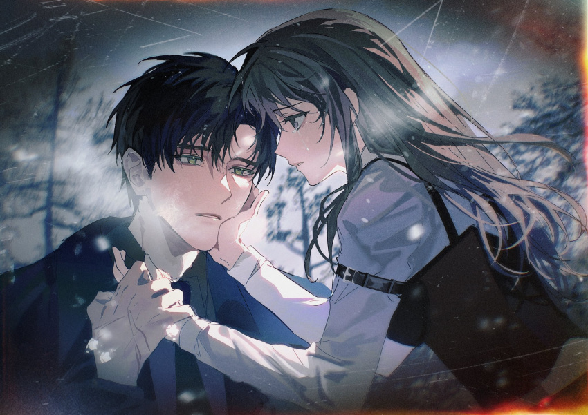 1boy, 1girl, black_hair, brown_hair, coat, couple, crying, crying_with_eyes_open