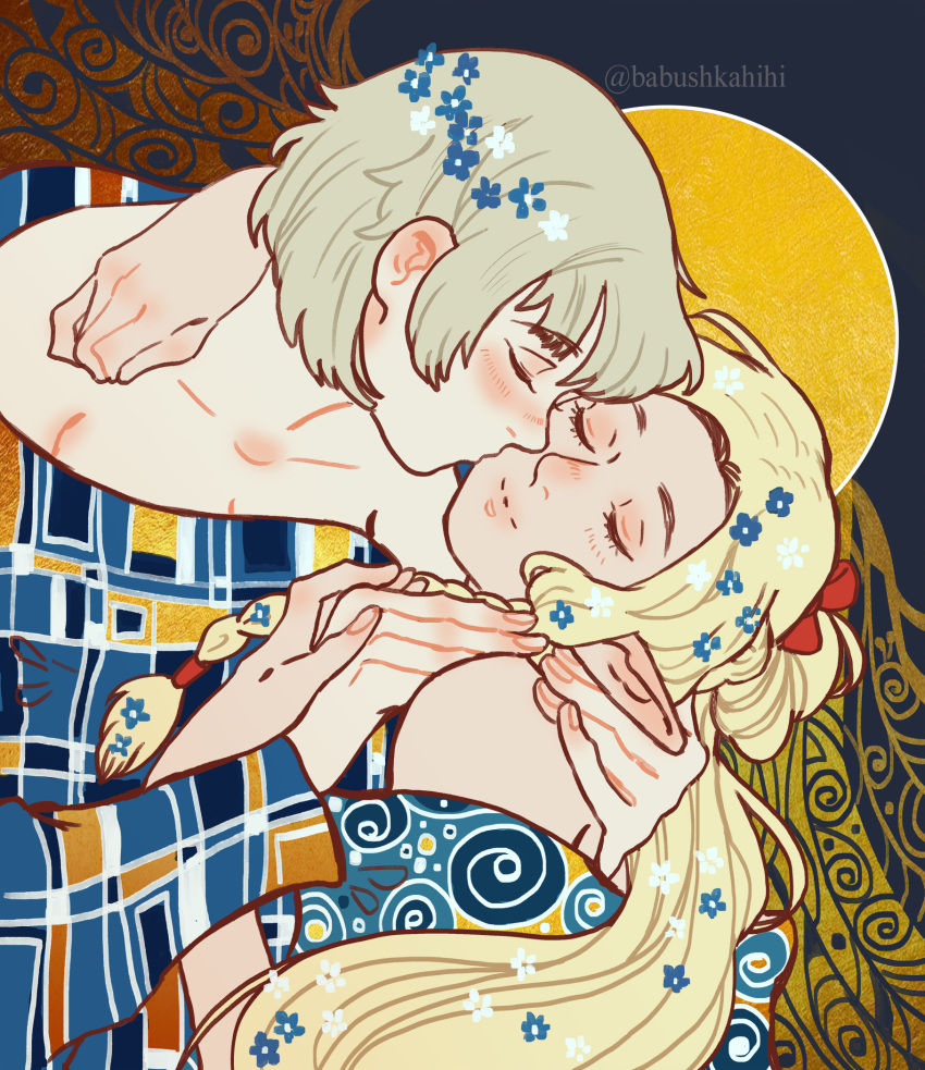 2girls, arm_around_shoulder, babu_(babushkahihi), bare_shoulders, blonde_hair, blue_dress, bow, braid