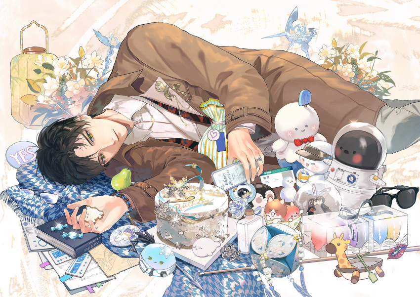 >_<, 1boy, 1girl, belt, black_hair, blush_stickers, book, bracelet