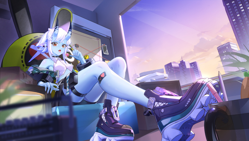 1girl, absurdres, aqua_jacket, bangboo_(zenless_zone_zero), black_necktie, black_skirt, blue_horns, blue_oni
