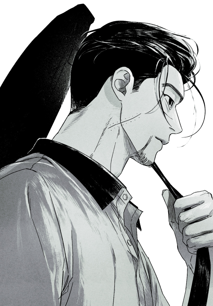 1boy, collared_shirt, commentary_request, expressionless, facial_hair, from_side, goatee_stubble, golden_kamuy, greyscale, highres, korean_commentary, male_focus, monochrome, ogata_buta, ogata_hyakunosuke, scar, scar_on_face, shirt, short_hair, simple_background, solo, stubble, upper_body, white_background