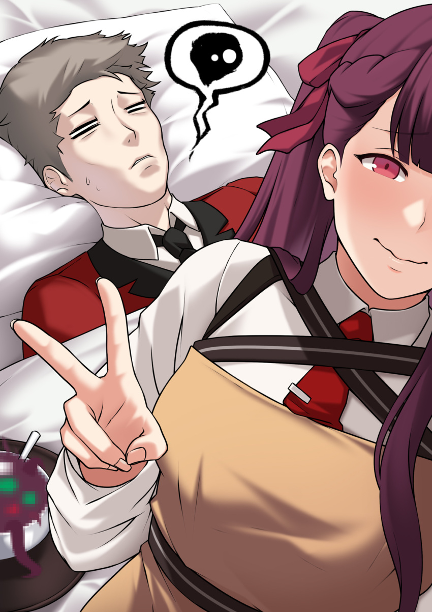 1boy, 1girl, bad_food, bbk_(13zk), bed, black_necktie, blush, bowl