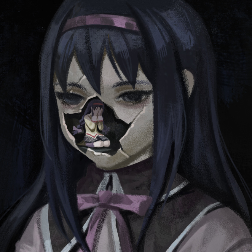 2girls, absurdres, akemi_homura, akemi_homura_(magical_girl), black_hair, braid, broken, close-up