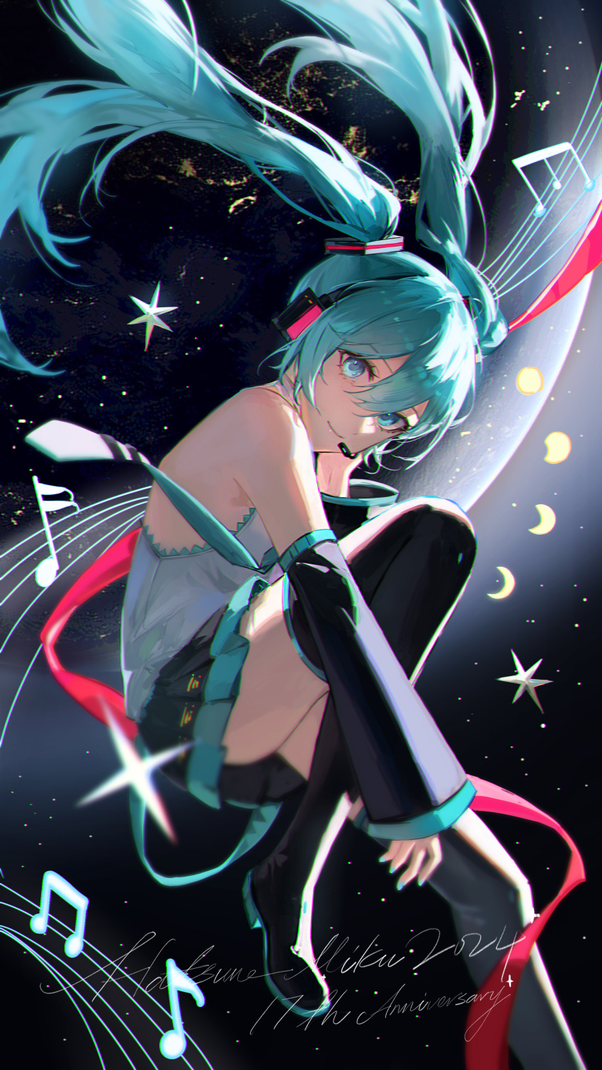 1girl, 2024, absurdres, aqua_hair, aqua_necktie, black_footwear, black_skirt, black_sleeves