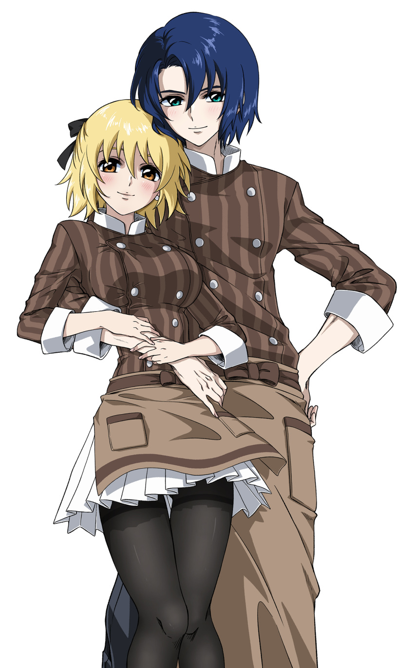1boy, 1girl, absurdres, apron, arm_around_waist, athrun_zala, black_pantyhose, black_ribbon