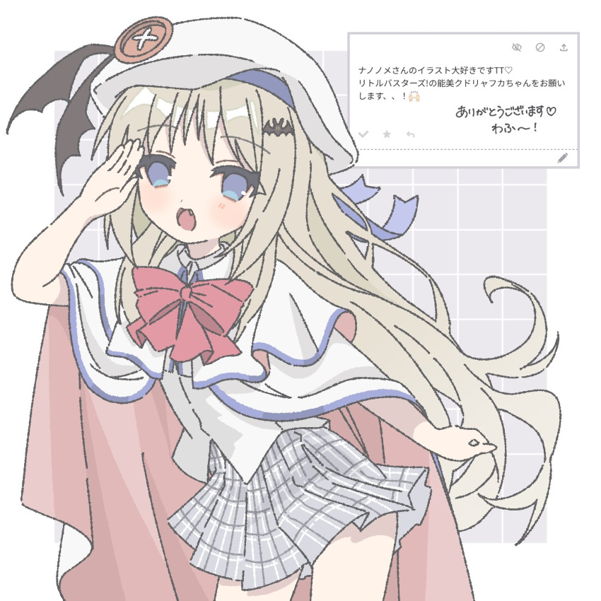 1girl, bat_hair_ornament, beret, blonde_hair, blue_eyes, bow, bowtie, cape