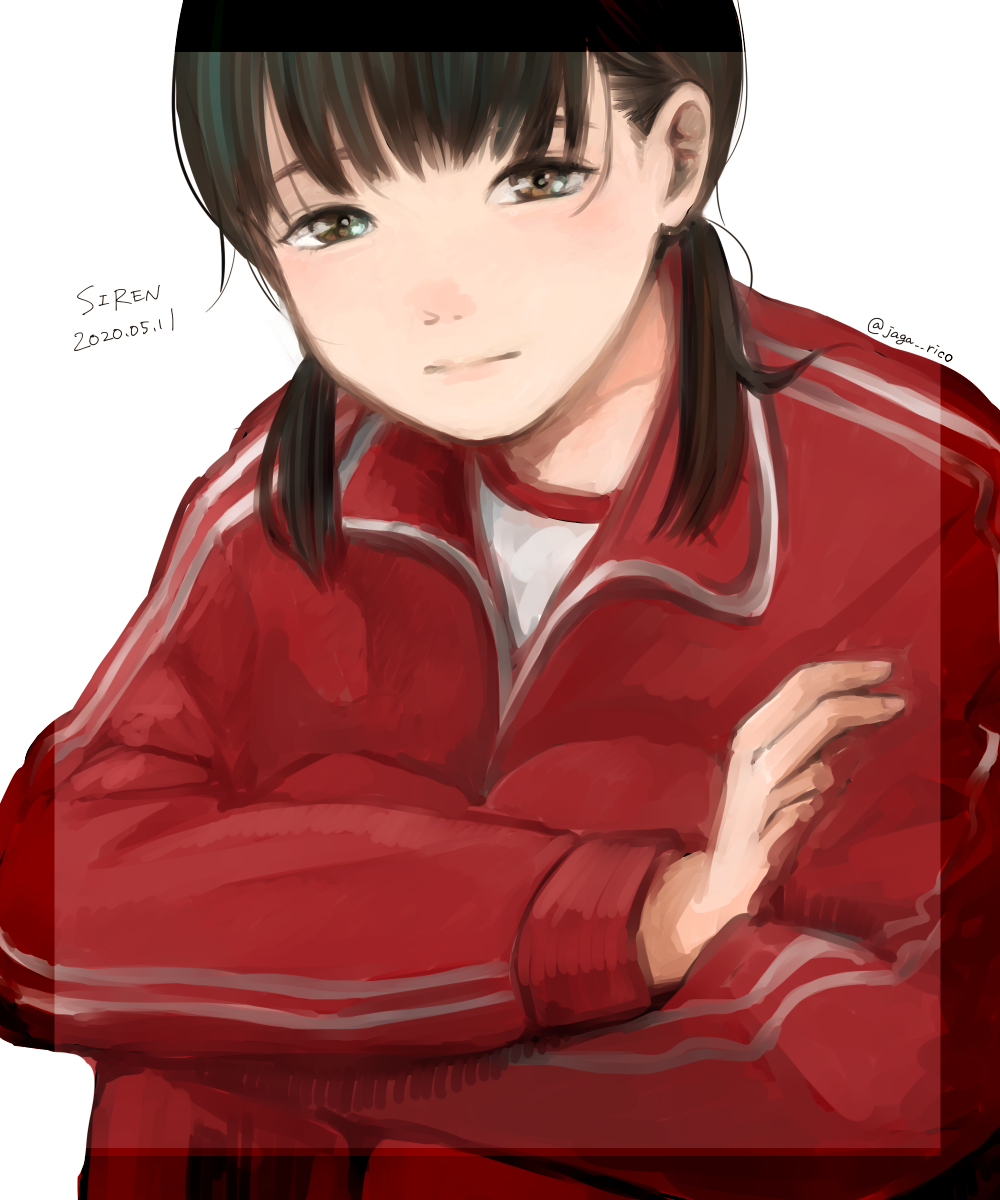1girl, bad_id, bad_twitter_id, black_hair, brown_eyes, closed_mouth, commentary_request, copyright_name