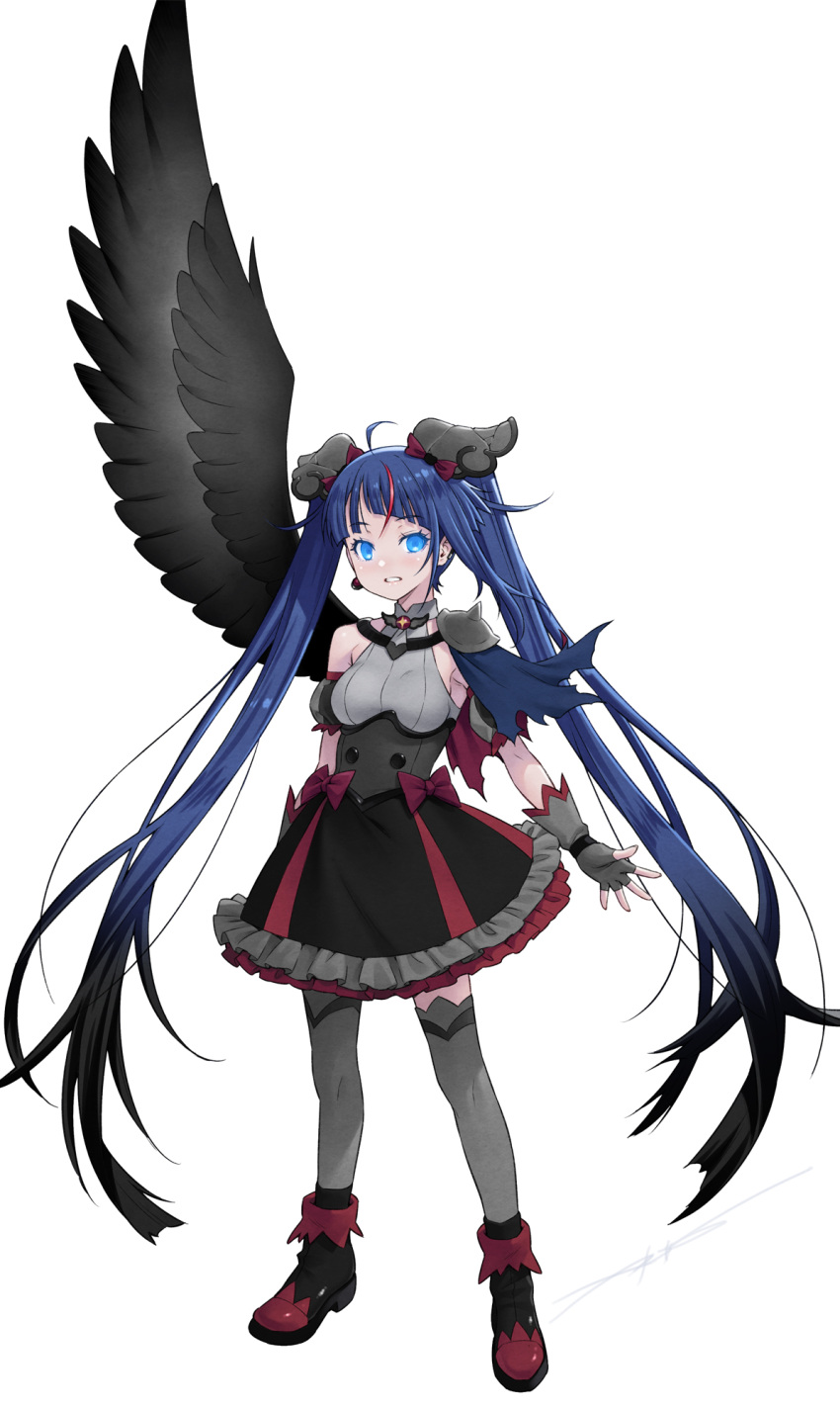 1girl, ahoge, black_hair, blue_eyes, blue_hair, boots, breasts, cape