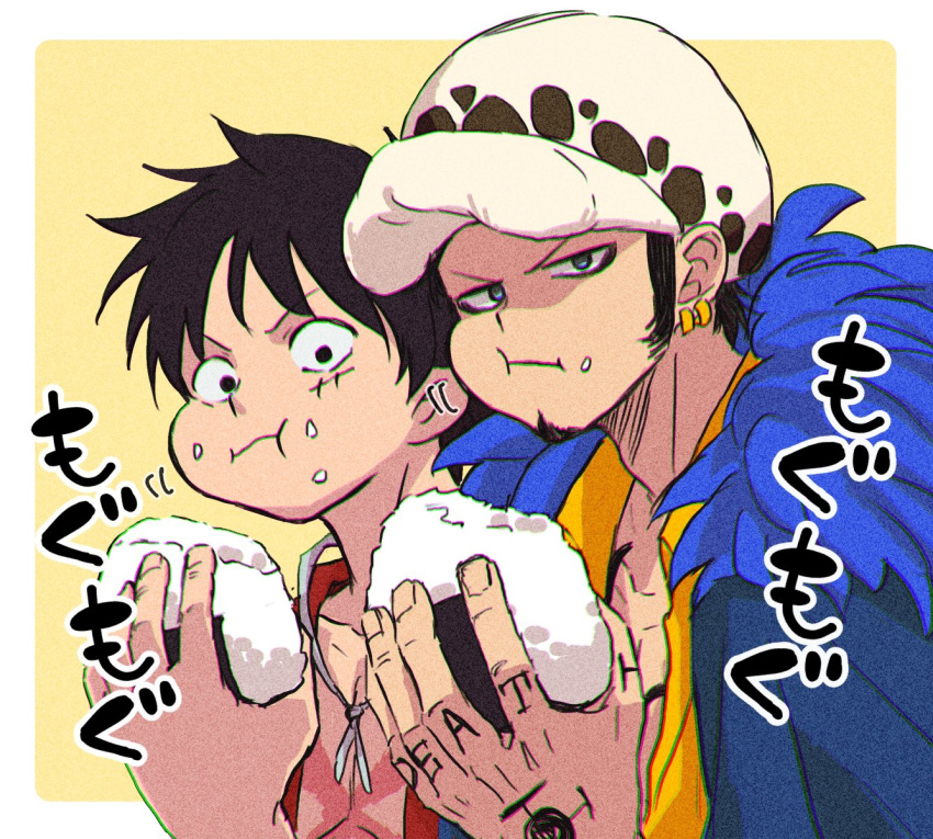 2boys, :i, black_eyes, black_hair, blue_cape, border, cape, chest_tattoo