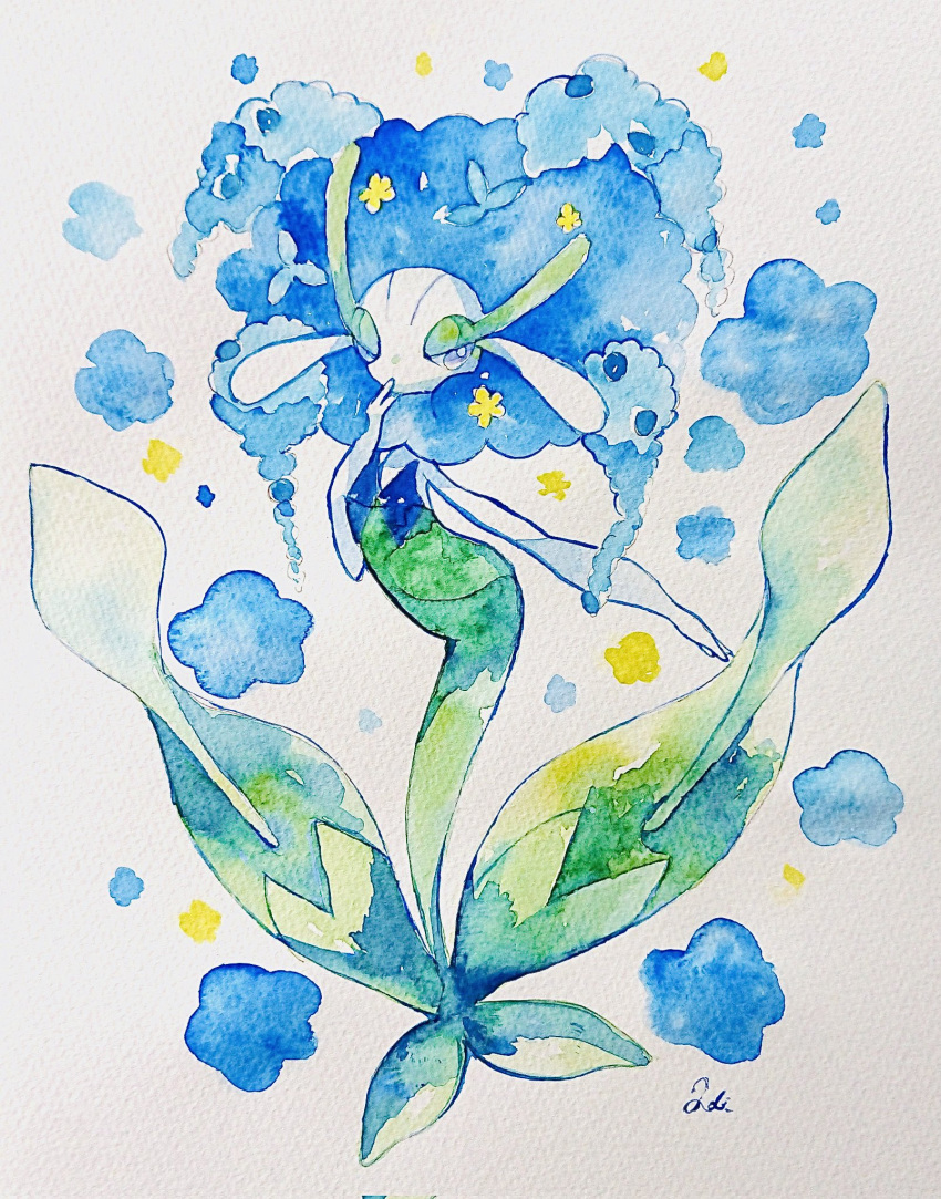 blue_eyes, blue_flower, colored_eyelashes, dress, florges, florges_(blue_flower), flower, green_dress