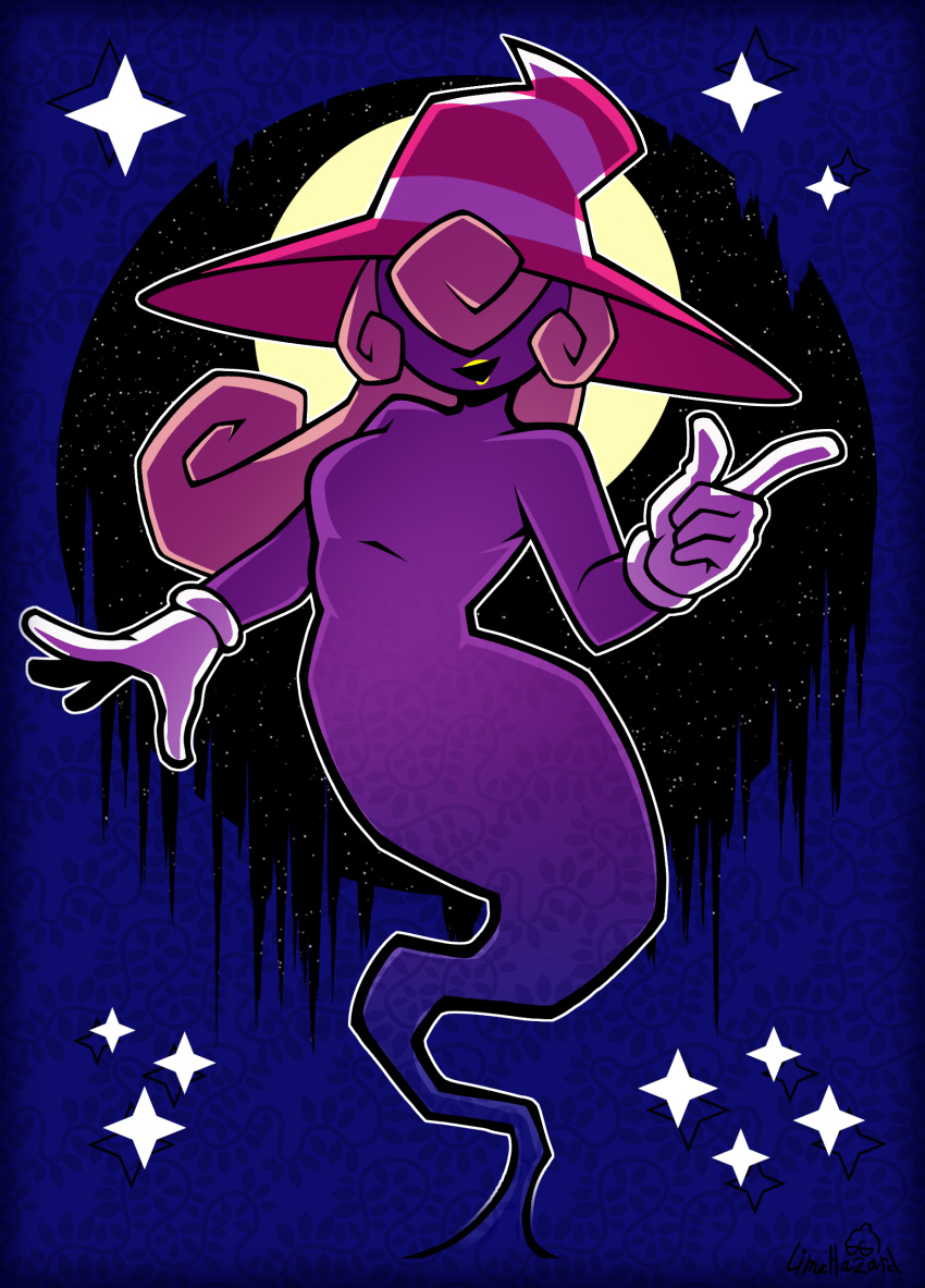 1girl, absurdres, black_background, black_mouth, blue_background, breasts, colored_skin, covered_eyes, curly_hair, facing_viewer, full_body, ghost_girl, ghost_tail, gloves, hair_over_eyes, hat, highres, index_finger_raised, limehazard, medium_breasts, open_hand, open_mouth, outline, paper_mario, paper_mario:_the_thousand_year_door, pink_hair, pink_hat, purple_skin, solo, star_(symbol), striped_clothes, striped_headwear, super_mario_bros., vivian_(paper_mario), white_gloves, white_outline, yellow_lips