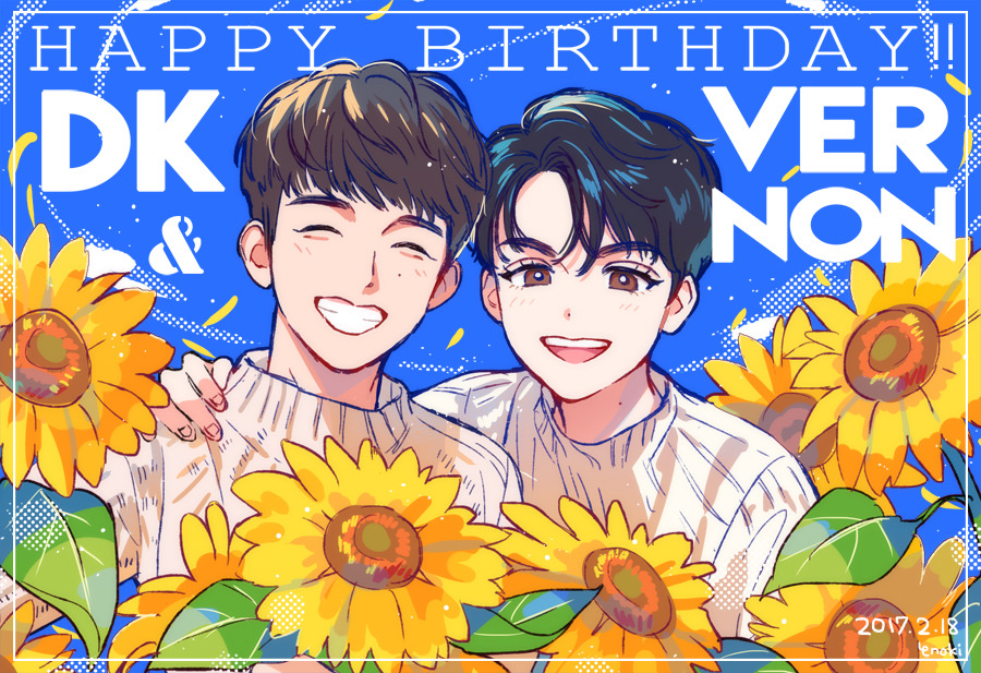 2boys, ^_^, artist_name_(singer), black_hair, blue_background, blush, brown_hair, closed_eyes