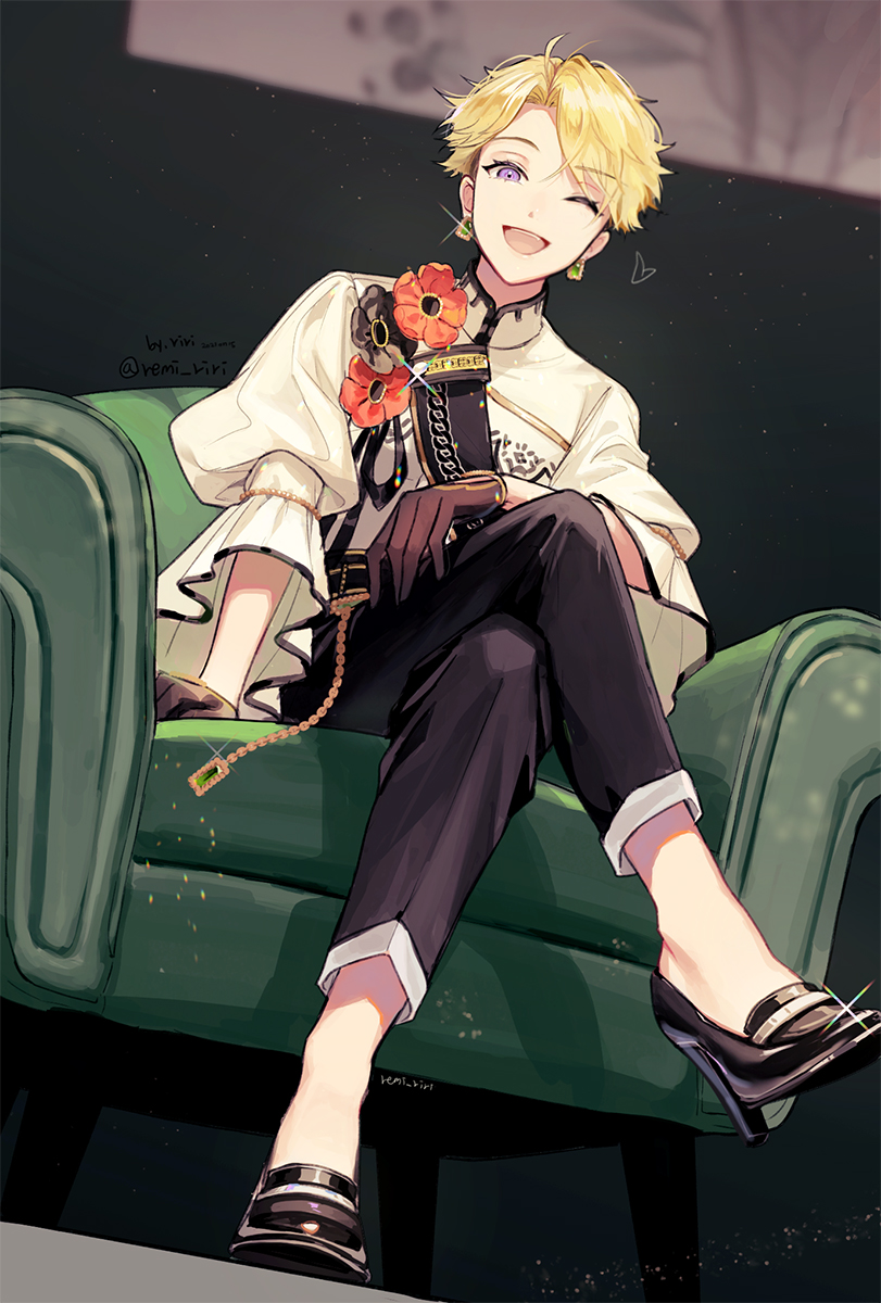 1boy, ;d, bell_sleeves, belt_chain, bishounen, black_footwear, black_gloves, black_pants