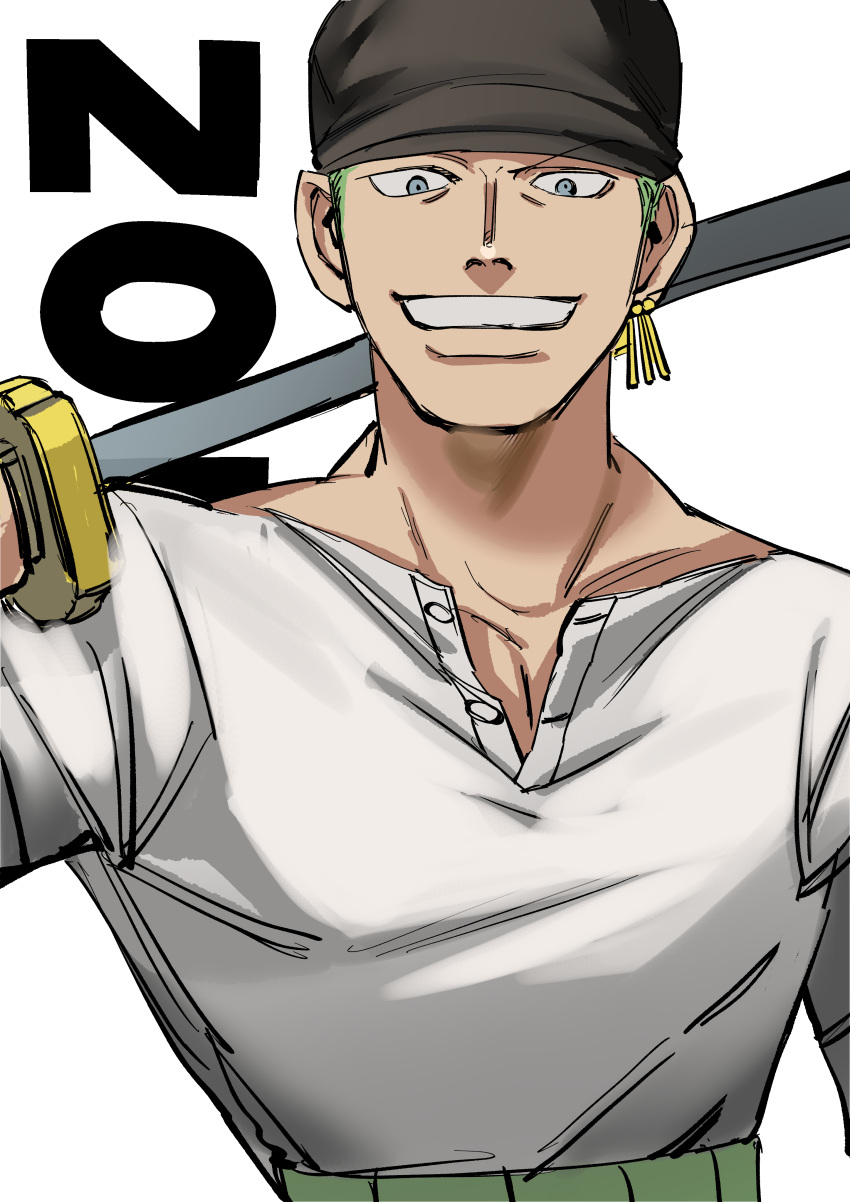 1boy, absurdres, alternate_eye_color, bandana, black_bandana, blue_eyes, commentary_request, earrings
