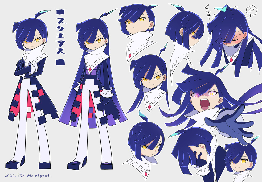 1boy, ahoge, black_coat, blue_hair, blunt_bangs, blunt_ends, burippoi, coat