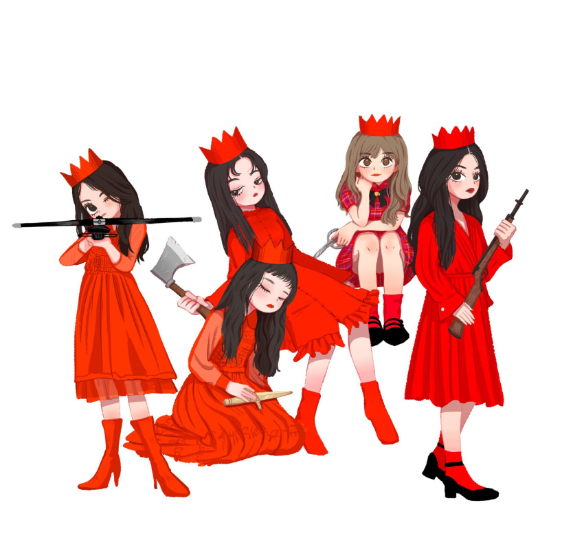 5girls, black_hair, blunt_bangs, boots, brown_hair, commentary_request, crown, dress