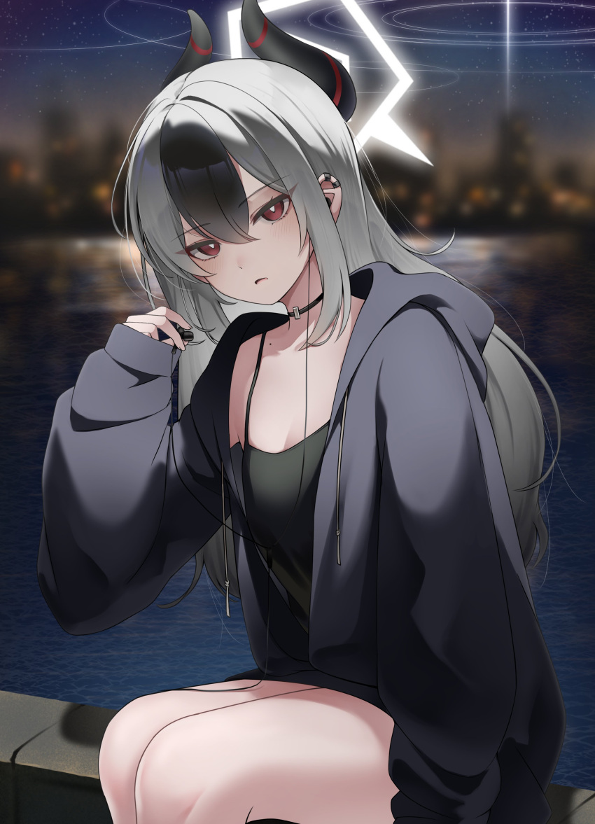 1girl, absurdres, bare_legs, black_choker, black_dress, black_hair, black_hoodie, black_horns