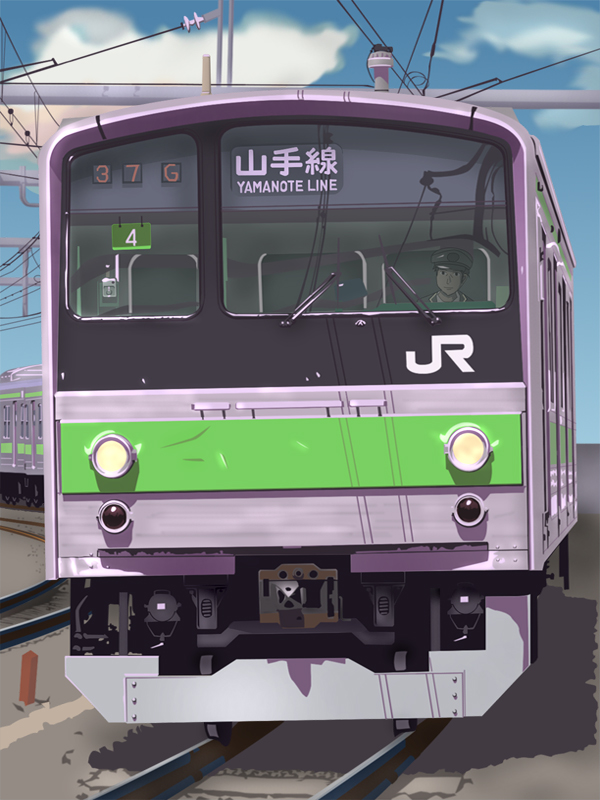 1boy, black_hair, blue_sky, clouds, cloudy_sky, e-i-k, east_japan_railway_company, hat