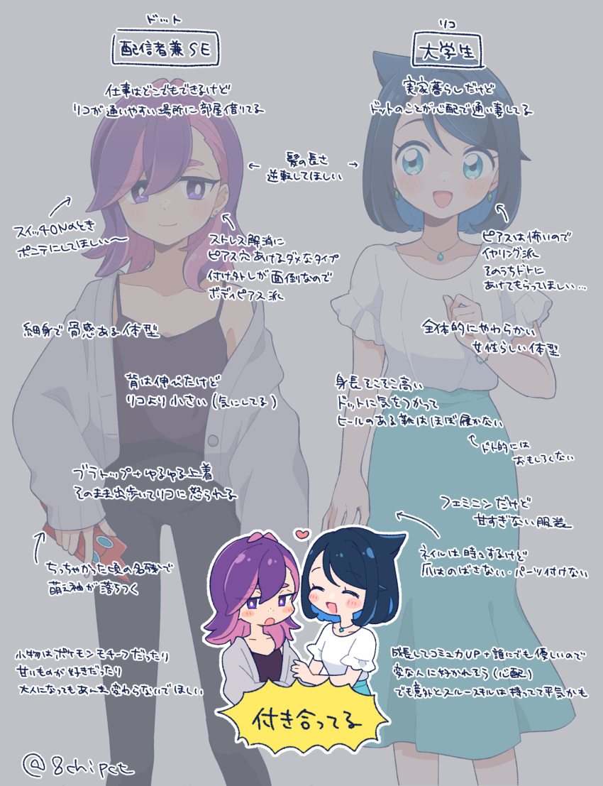 0zr8hc, 2girls, :d, aged_up, arrow_(symbol), black_hair, blue_eyes, cardigan