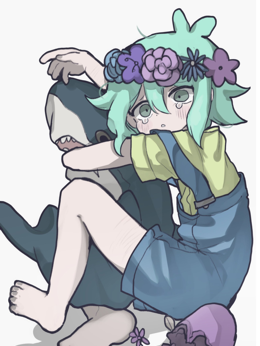 1boy, barefoot, basil_(headspace)_(omori), basil_(omori), blue_overalls, blush, commission, drugs_neko