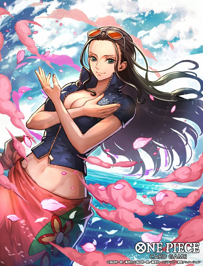 1girl, black_hair, blue_jacket, copyright_name, cowboy_shot, cropped_jacket, eyewear_on_head, jacket
