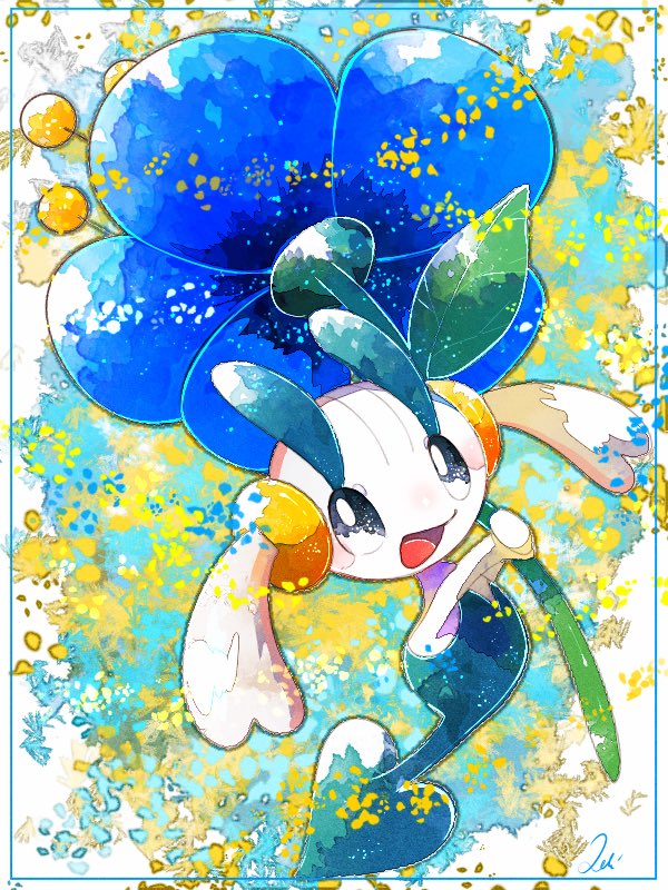 animal_hands, blue_border, blue_eyes, blue_flower, border, colored_skin, floette, floette_(blue_flower)