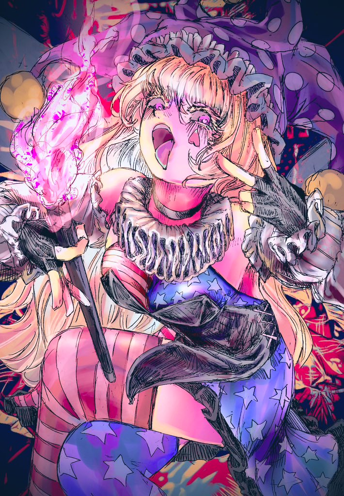 1girl, american_flag_legwear, blonde_hair, clownpiece, crossed_legs, fingerless_gloves, fire, gloves