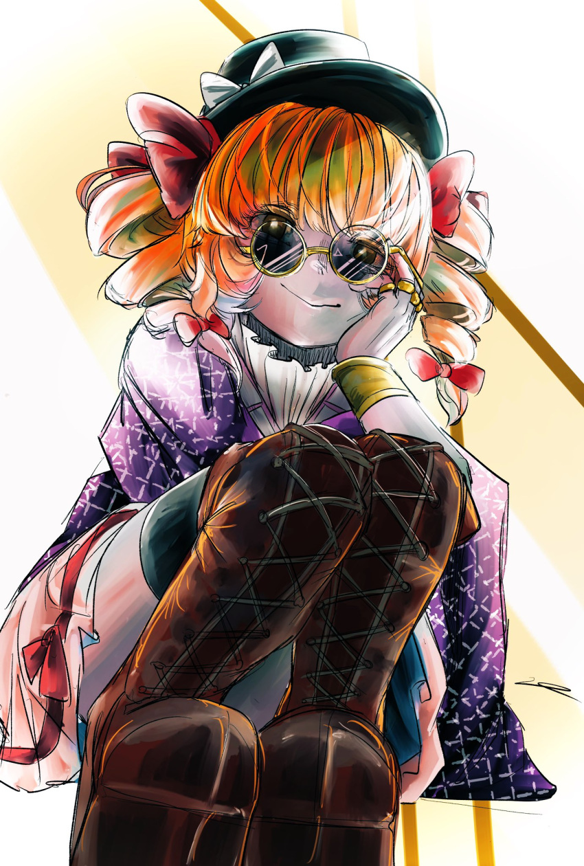 black_thighhighs, boots, bow, coat, dress, drill_hair, gold_ring, hair_bow