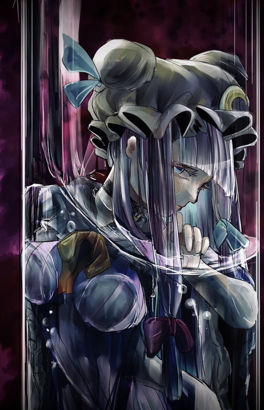 1girl, against_glass, blue_eyes, bow, crescent, crescent_hat_ornament, dress, hair_bow
