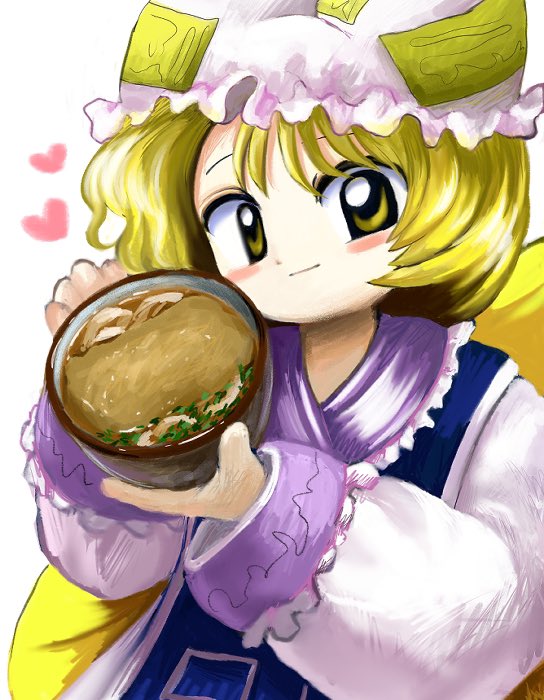 1girl, blonde_hair, blush_stickers, bowl, commentary, dress, hat, holding, holding_bowl, kitsune_udon, long_sleeves, looking_at_viewer, mob_cap, smile, solo, symbol-only_commentary, tail, touhou, yakumo_ran, yakumora_n, yellow_eyes, zun_(style)