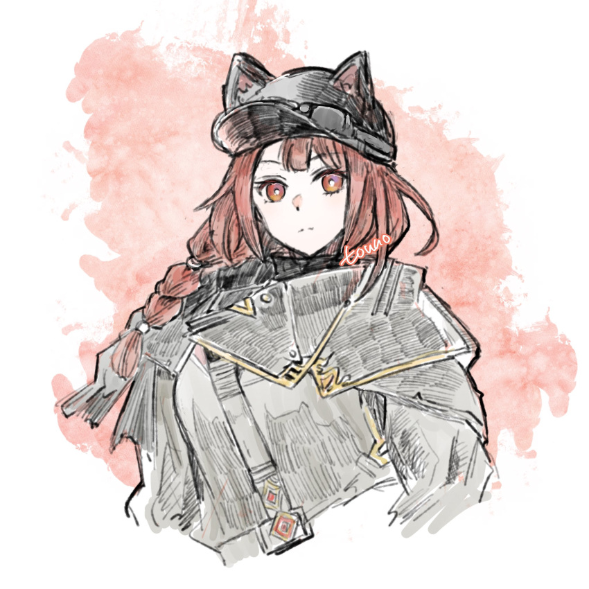 1girl, animal_ears, arknights, artist_name, ash_(rainbow_six_siege), baseball_cap, black_hat, bright_pupils, brown_hair, closed_mouth, cropped_torso, ears_through_headwear, expressionless, grey_jacket, hat, hatching_(texture), highres, jacket, linear_hatching, long_hair, long_sleeves, looking_at_viewer, orange_eyes, rainbow_six_siege, signature, solo, split_mouth, touno_(akarino), watermark, white_pupils