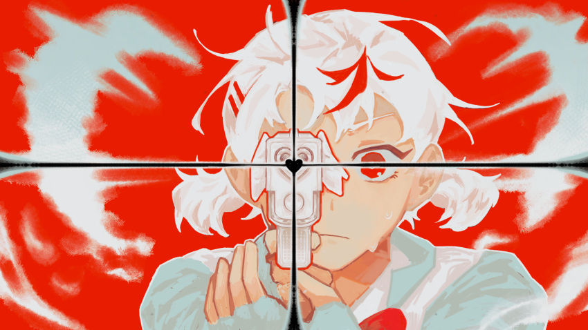 1girl, aiming, aiming_at_viewer, closed_mouth, commentary, english_commentary, fingerless_gloves, gloves