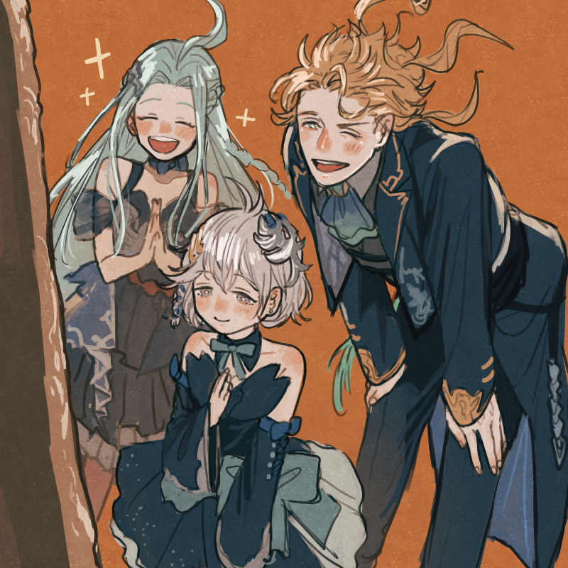 ahoge, antenna_hair, ascot, bare_shoulders, black_dress, blonde_hair, blue_hair, closed_eyes