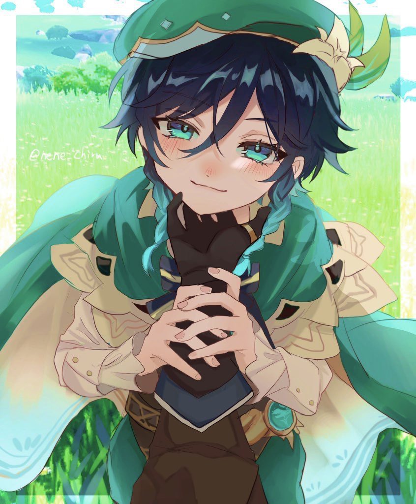 2boys, :3, aqua_eyes, artist_name, beret, black_gloves, black_hair, blurry