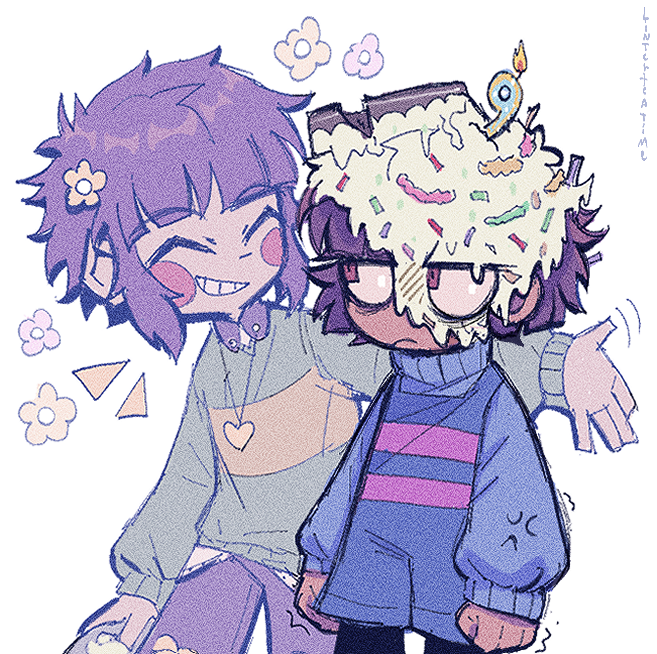 2others, androgynous, anniversary, blush, brown_hair, candle, chara_(undertale), closed_mouth, frisk_(undertale), green_sweater, icing, linterteatime, long_sleeves, multiple_others, other_focus, rectangular_eyes, red_eyes, shirt, short_hair, simple_background, smile, square_eyes, striped_clothes, striped_shirt, sweater, undertale, unusually_open_eyes