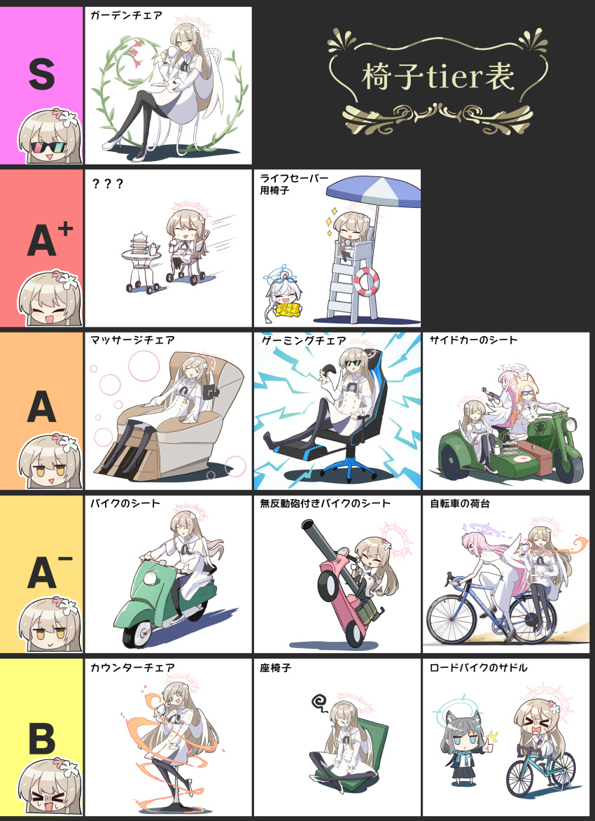 >_<, 4girls, ?, ??, @_@, ^^^, ^_^, absurdres, animal_ears, beach_umbrella, bicycle, black_pantyhose, blonde_hair, blue_archive, blue_eyes, blue_halo, blush, chair, chibi, closed_eyes, closed_mouth, coffee_mug, commentary_request, controller, couch, crossed_legs, cup, dress, drink, driving, exhausted, flower, game_controller, gaming_chair, goggles, goggles_on_head, grey_hair, gun, hair_flower, hair_ornament, halo, high_heels, highres, holding, holding_controller, holding_drink, holding_game_controller, holding_gun, holding_saucer, holding_weapon, jitome, kirino_(blue_archive), lifebuoy, long_hair, long_sleeves, looking_at_viewer, massage_chair, mika_(blue_archive), motor_vehicle, motorcycle, mug, multiple_girls, nagisa_(blue_archive), no_nose, on_chair, open_mouth, pantyhose, partially_translated, pink_hair, pink_halo, plant, profile, red_halo, riding, riding_bicycle, saddle, saucer, scooter, scribble, seia_(blue_archive), shiroko_(blue_archive), shoes, sidecar, sitting, smile, sparkle, speed_lines, sunglasses, sweatdrop, swim_ring, swivel_chair, table, tanaka_drawing, tea, teacup, thumbs_up, tier_list, tiered_tray, translation_request, triangle_mouth, umbrella, weapon, wheel, white_dress, white_flower, white_footwear, white_hair, white_wings, wings, yellow_eyes