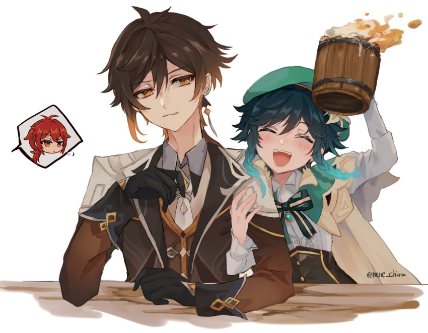3boys, :d, ^_^, alcohol, antenna_hair, aqua_gemstone, aqua_hair, arm_up