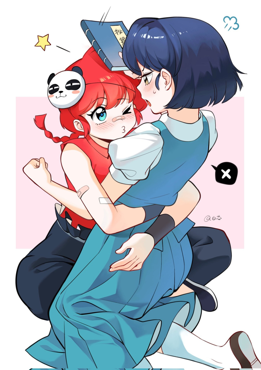 2girls, annoyed, ass, bai_xin, blue_hair, blush, braid, braided_ponytail