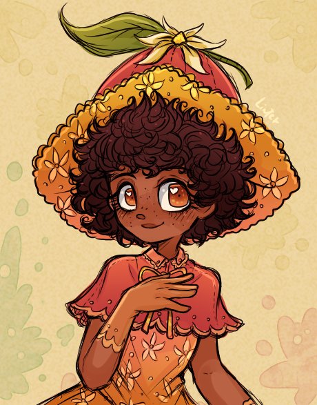 1girl, bow, brown_hair, closed_mouth, dark-skinned_female, dark_skin, dress, food